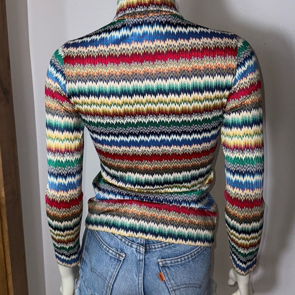 Vintage 60s Women's ZigZag Print Pointed Collar Multicolor Rainbow Stripe Size S - Picture 6 of 13